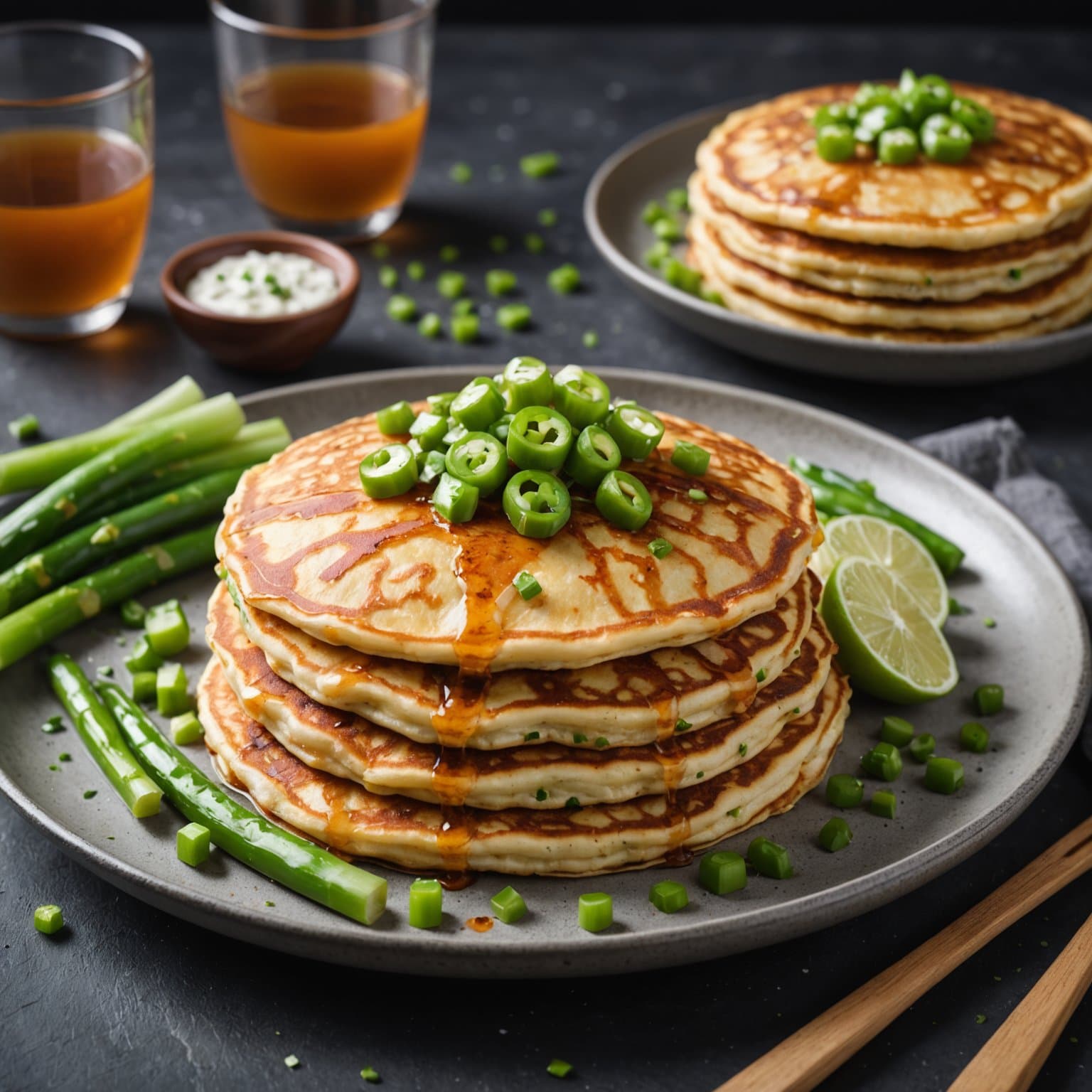 Saltpannekaker med vårløk og kylling