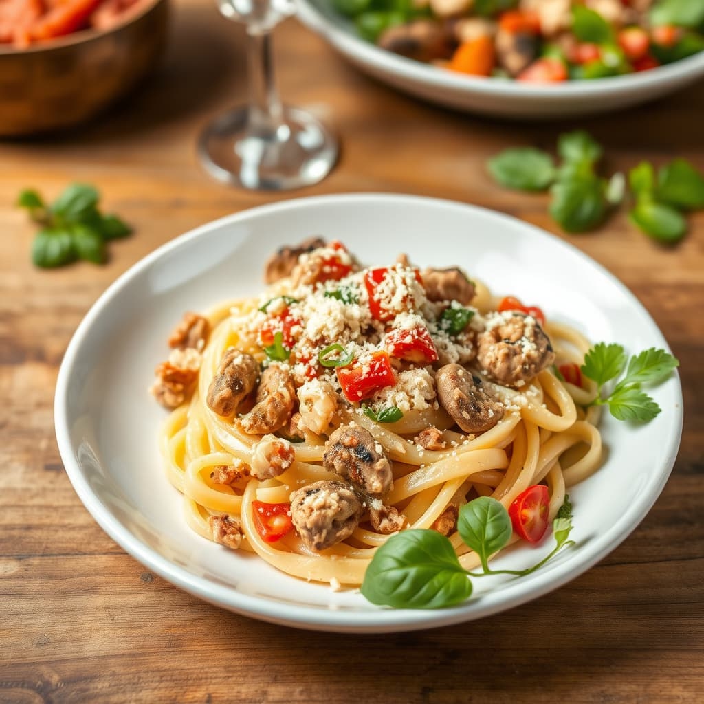 Sardinpasta med brødsmuler og Puttanesca-salat