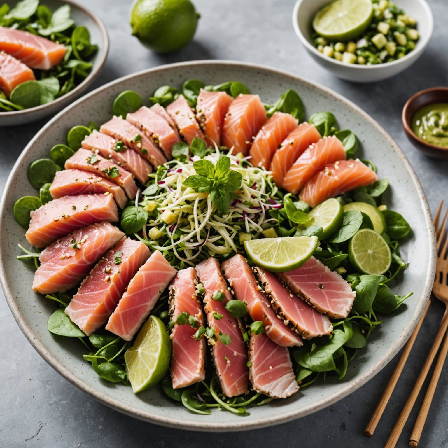 Sashimitunnsalat med mynte-, lime- og korianderdressing