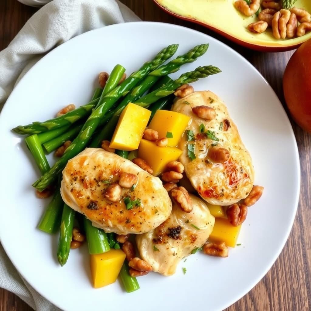 Sautert kylling med mango, asparges og honningristede valnøtter