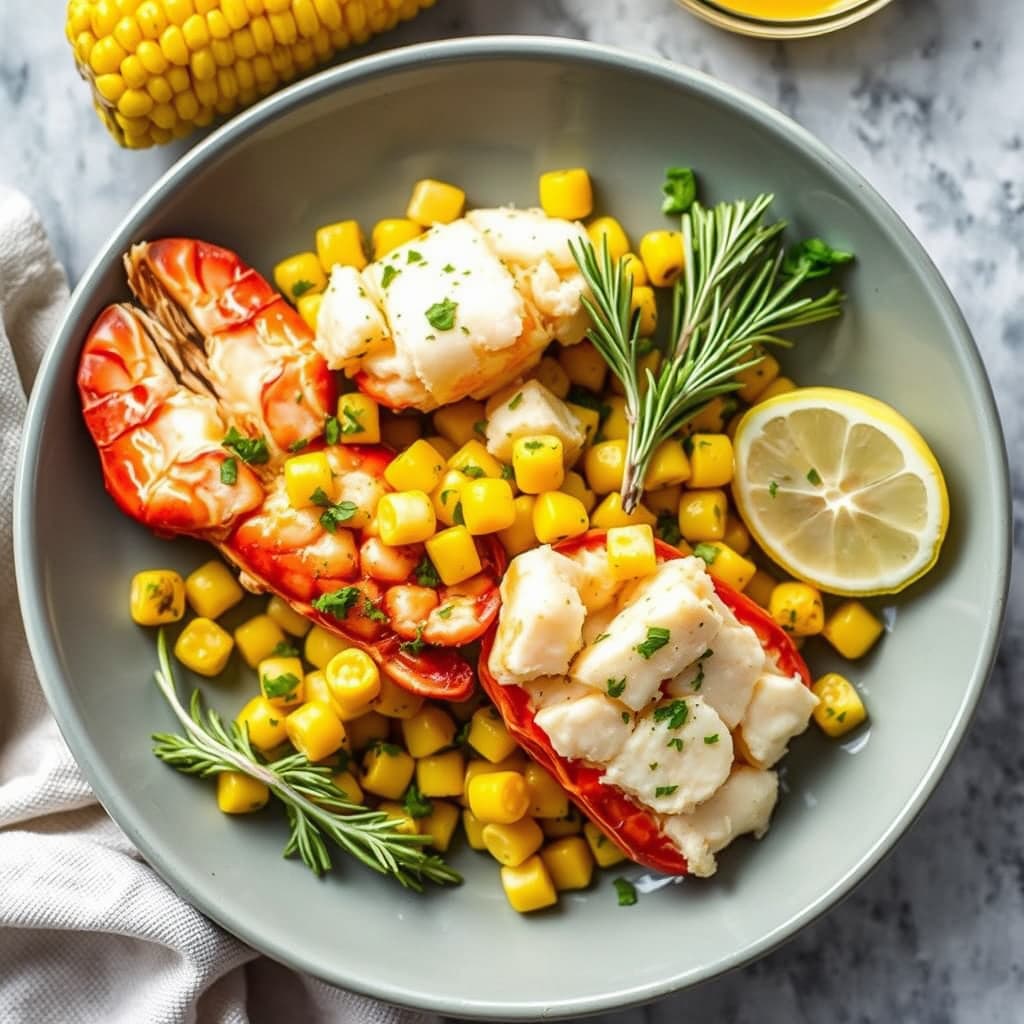 Sautert Maine-hummer med søtmais og rosmarin-ingefærvinaigrette