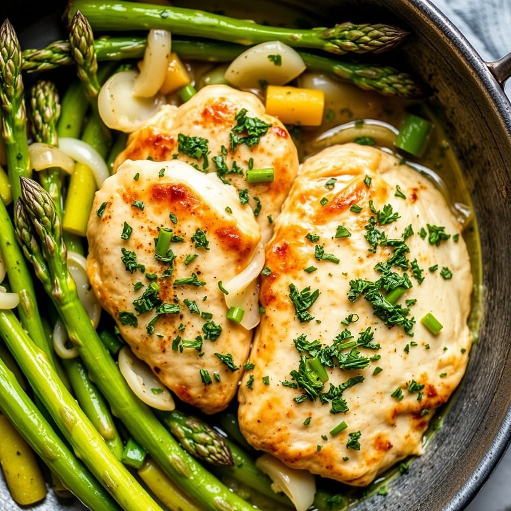 Sauterte kyllingfileter med asparges, vårløk og gremolata av persille og estragon