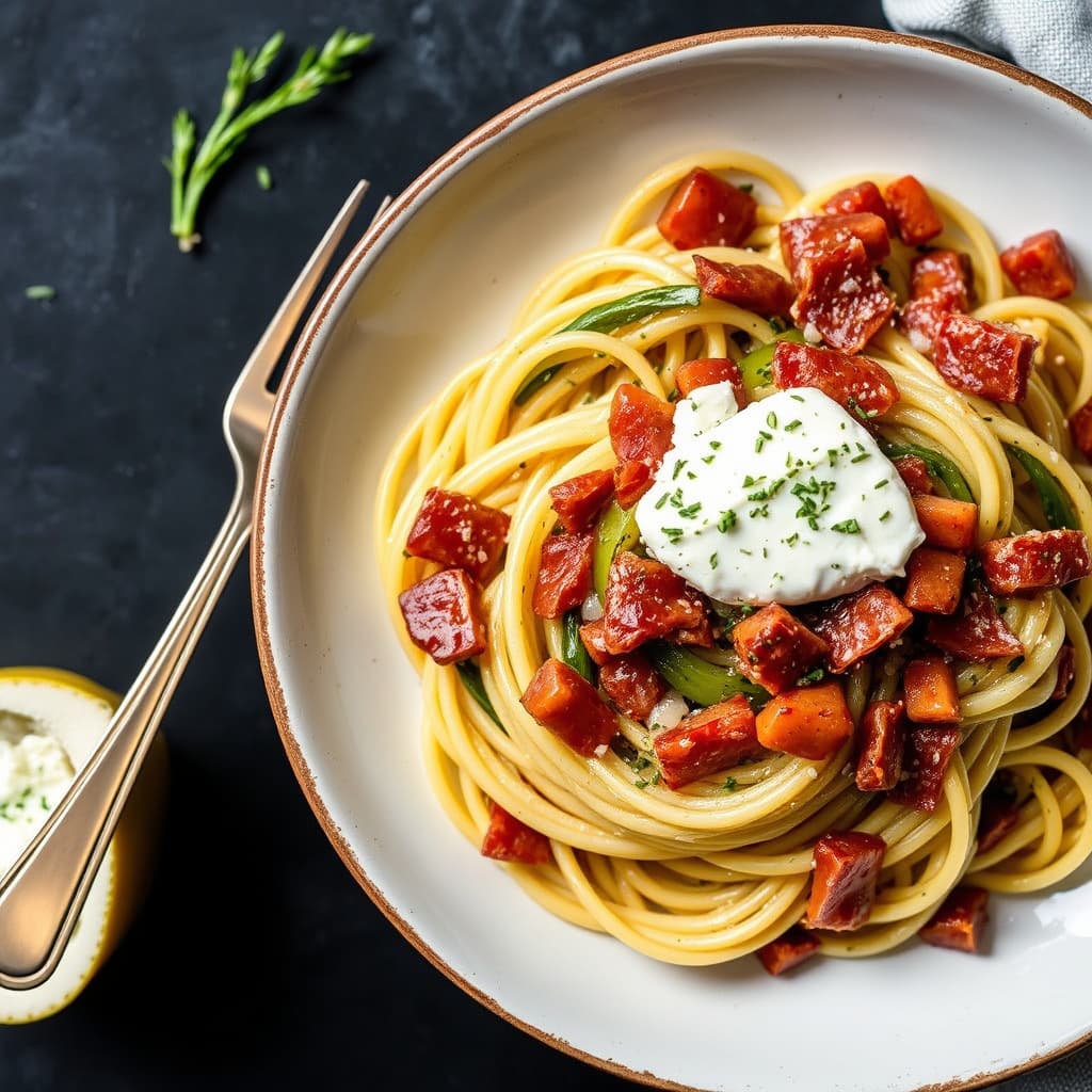 Sauterte purre med prosciutto og geitost over capellini