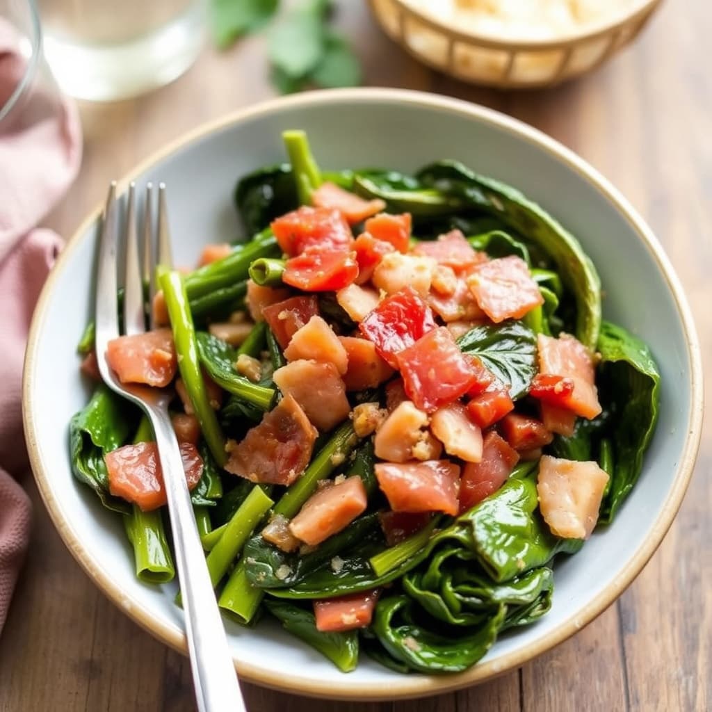 Sauterte sennepsblader med pancetta