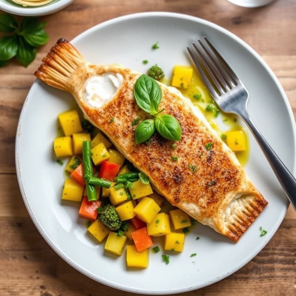 Seks-sylindret Snapper med basilikumolje og succotash