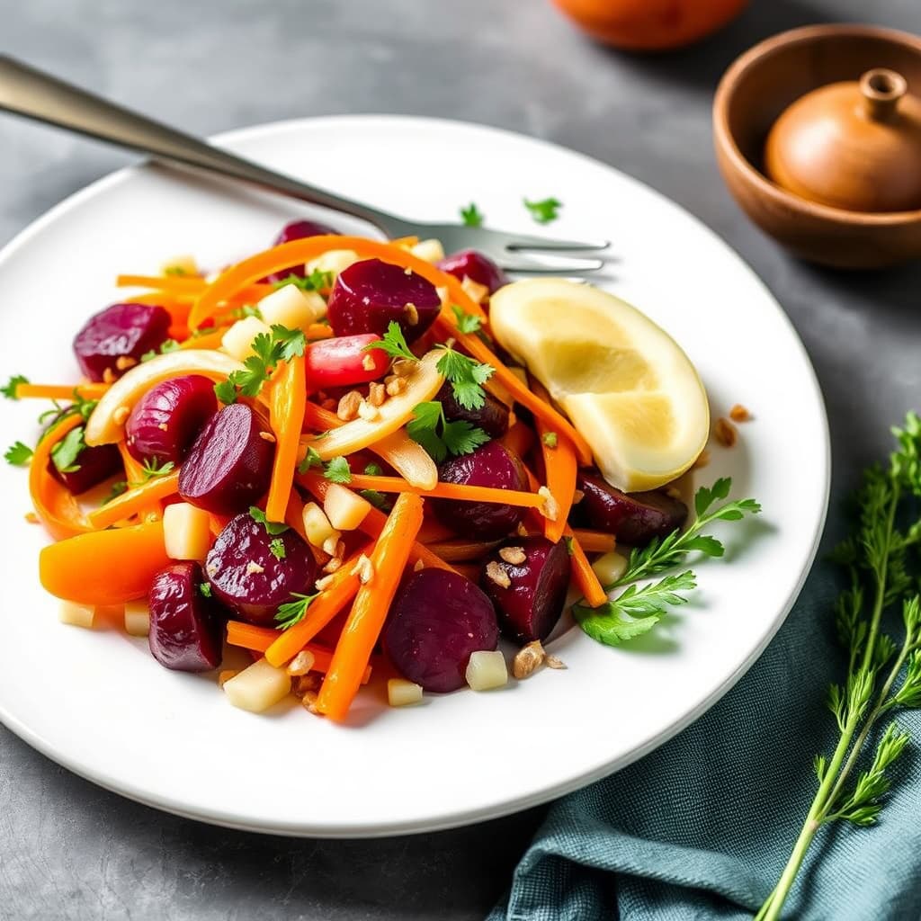 Sellerirot-, gulrot- og rødbetsalat