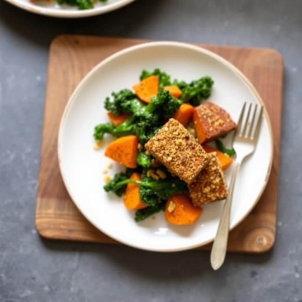 Sennepskrustet tofu med grønnkål og søtpotet