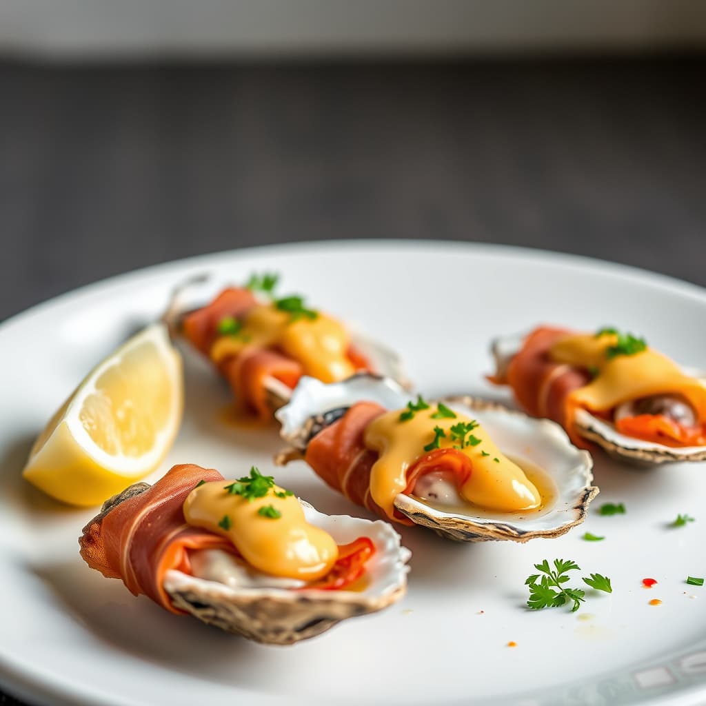 Serranoskinkeinnpakkede østers med chipotlemayonnaise