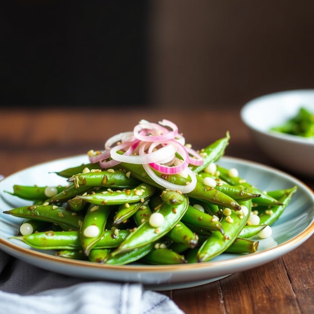 Sesamglasert sukkererter med perleløk