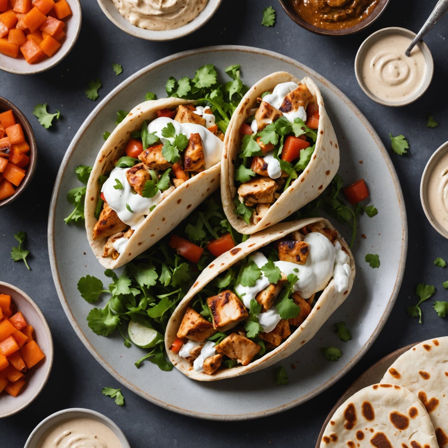 Shawarma-krydret kyllingpita med tahini-yoghurtsaus