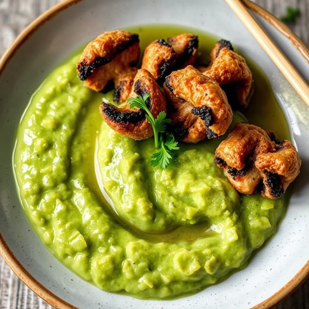 Shiitake-tempura med trøffelpure av edamame og sjalottløkssuppe