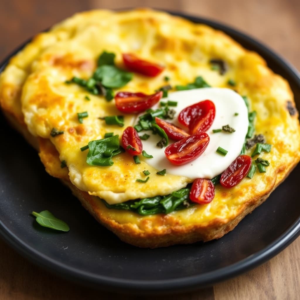 Sikker, åpen omelett med geitost, hakket spinat og soltørkede tomater