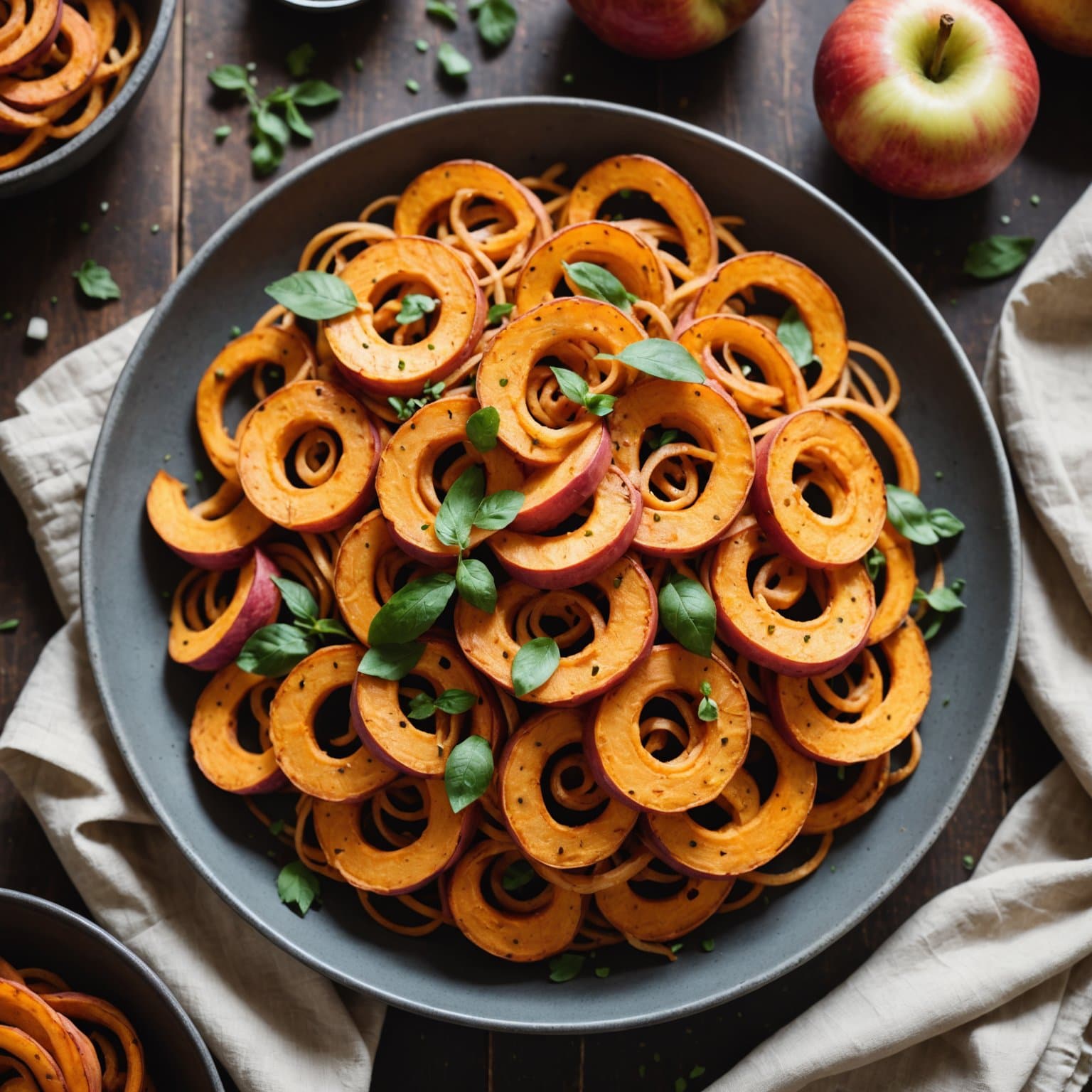 Sirkelformede ovnsbakte søtpoteter og epler med vanilje