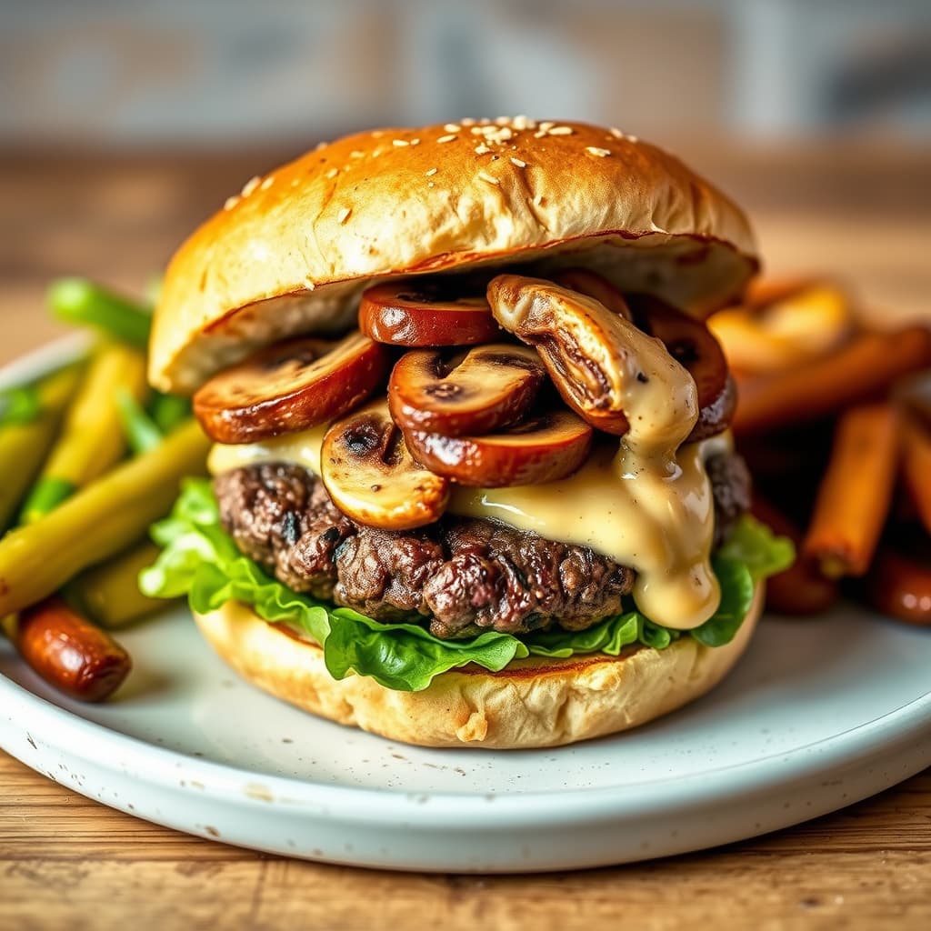 Sirloin-burgere med balsamico-majones, sopp og sveitserost