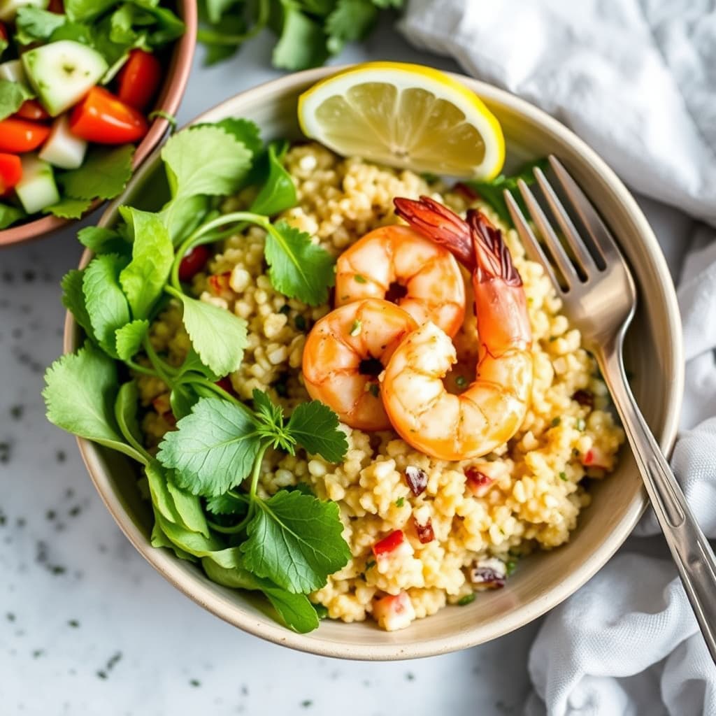 Sitron-mynte bulgur "risotto" med hvitløksreker og blandet salat