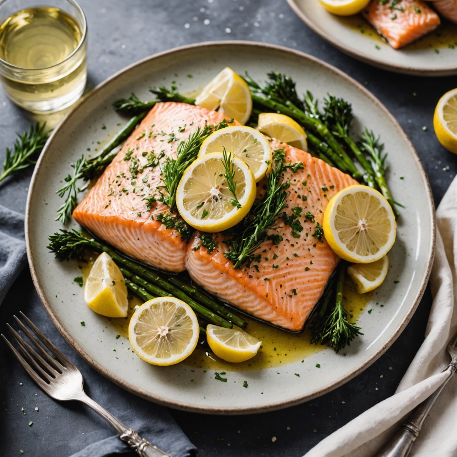 Sitron- og dillmarinert laks med hvitløk, hvitvins- og smørsauce