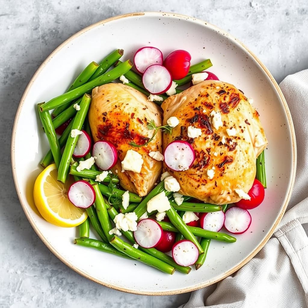 Sitron- og hvitløkstekt kylling med favabønner, reddiker og pecorino