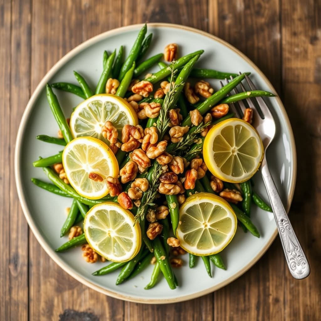 Sitrongrønne bønner med valnøtter og timian