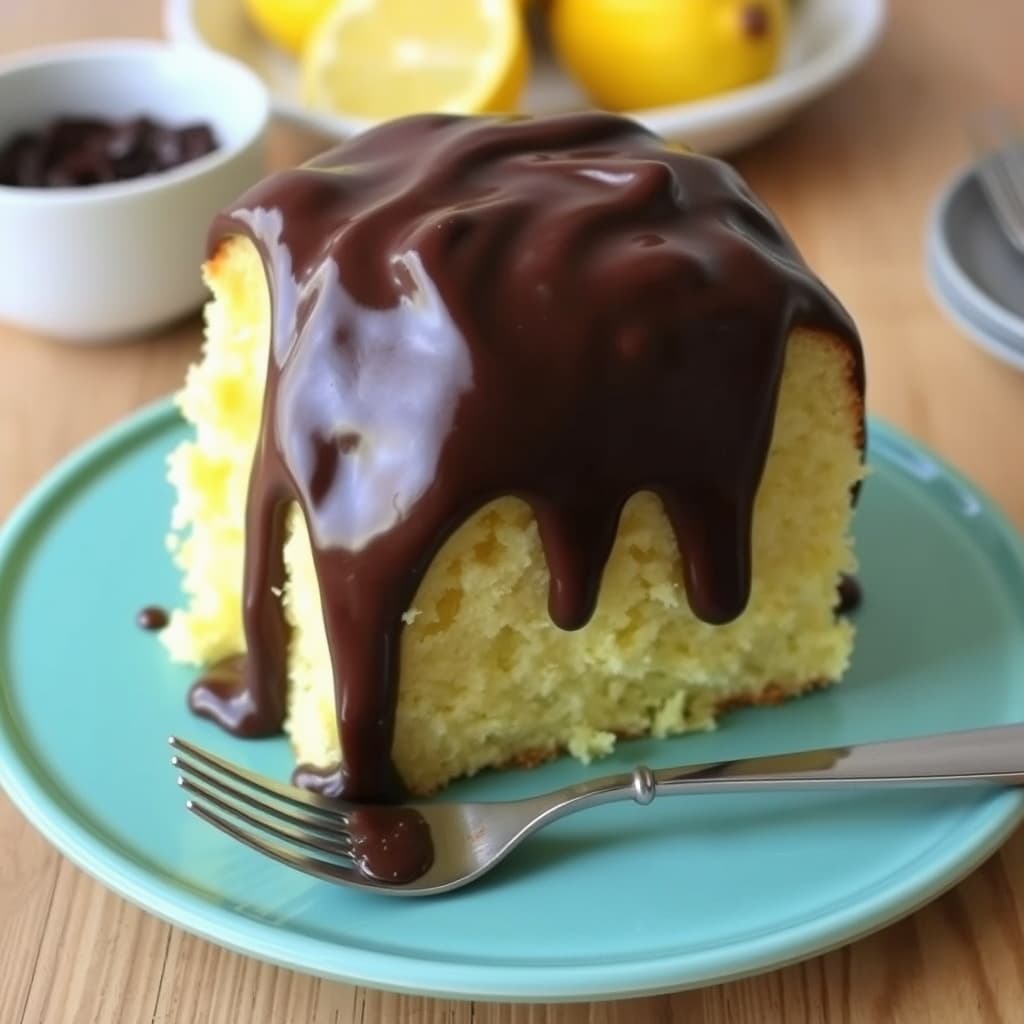 Sitronkake med sjokoladeglasur som er klissete og tykk
