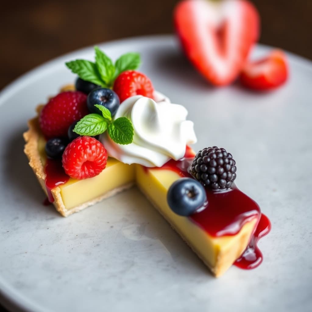 Sitronkremtart med sommerbær og bærcoulis-vaniljekrem