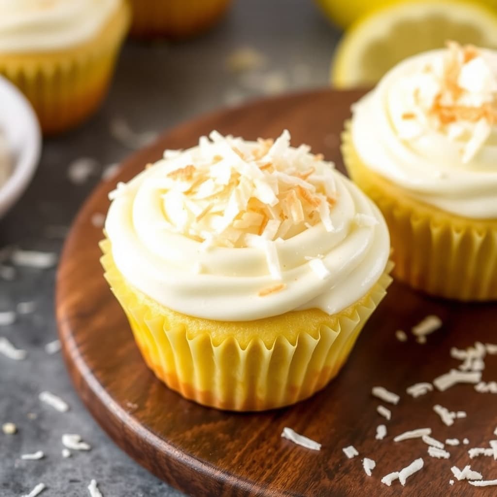 Sitronpuddingfylte kokoscupcakes med revet kokos på toppen