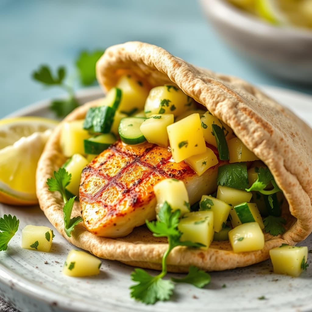 Sitrusgrillet kveite med agurk- og ananas-salsa i en fullkornspita