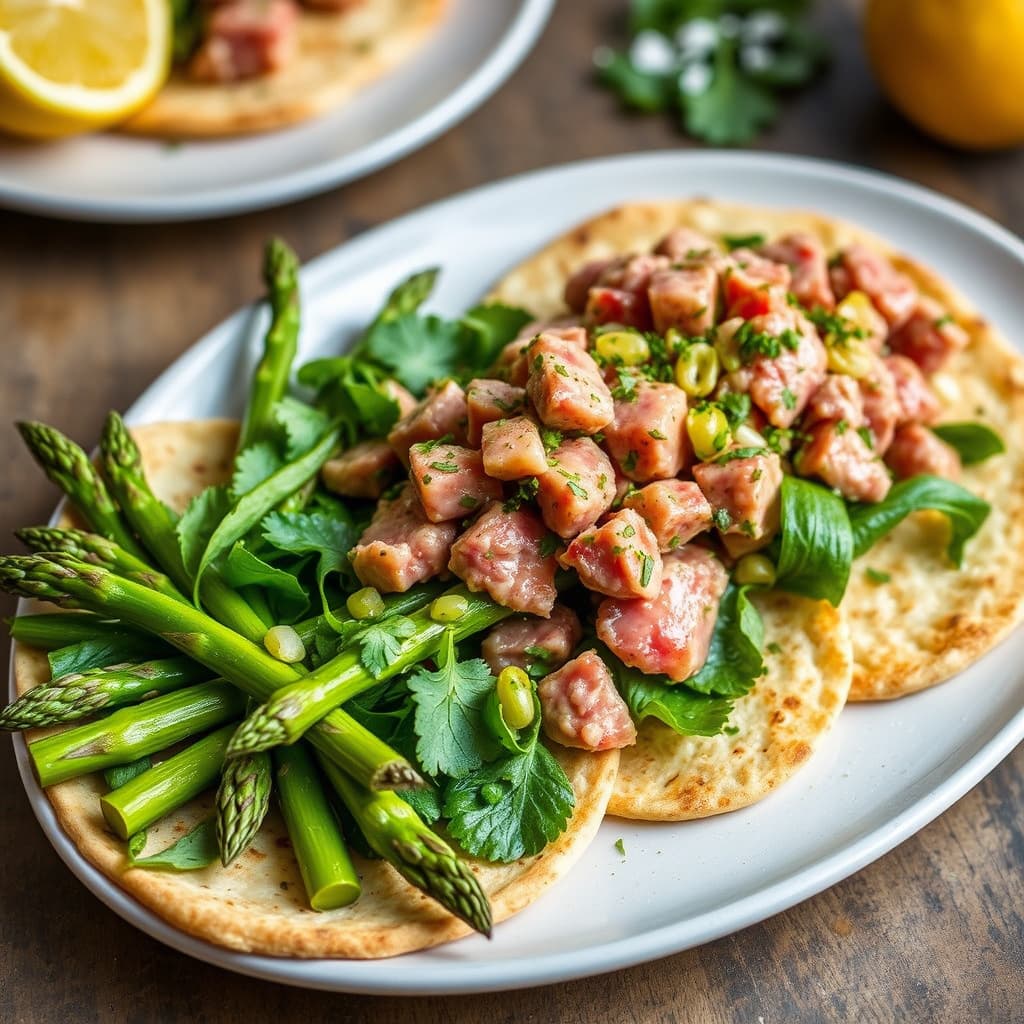 Sitrusmarinert aspargessalat med tunfisktartar på pappadums