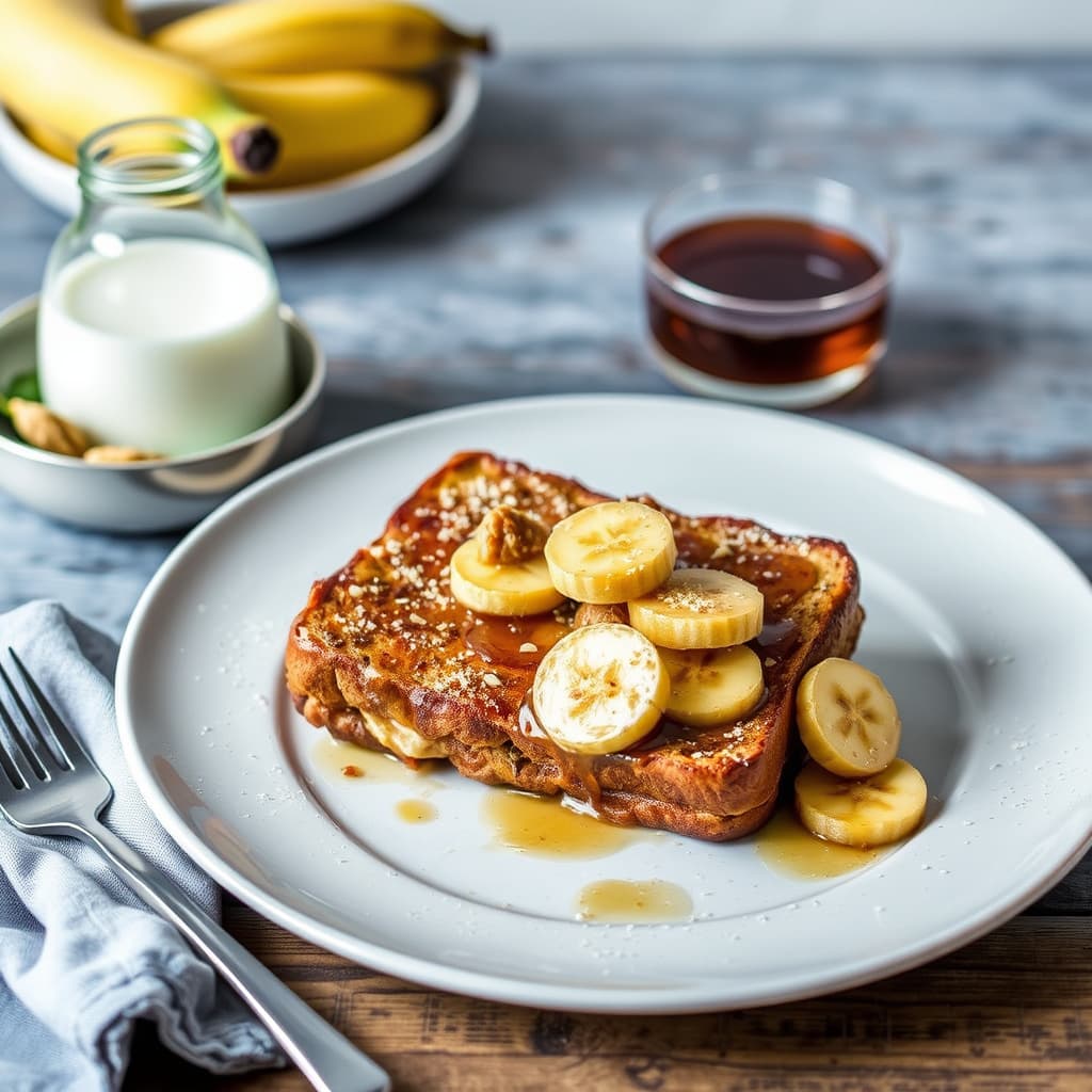Sjokolade- og hasselnøttbabkabrød French Toast med karamelliserte bananer
