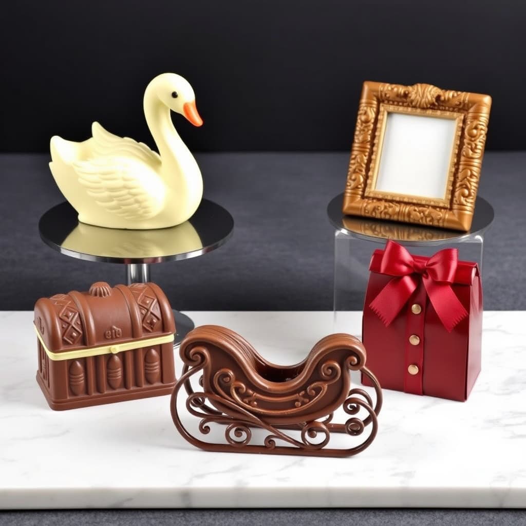 Sjokoladeand, skattehvelv, bildeinnramming, sjokoladekjelke og finere sjokoladeeske