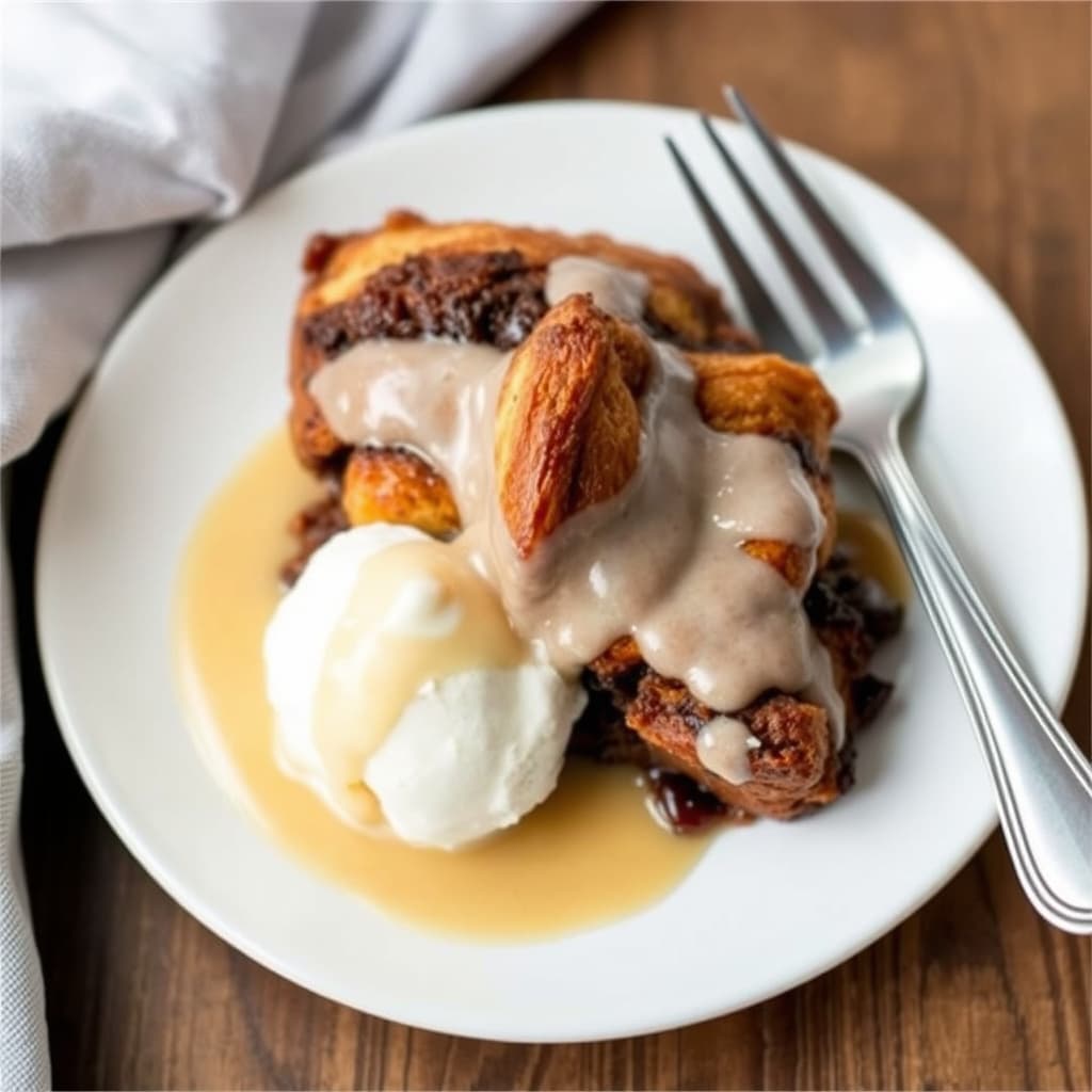 Sjokoladecroissanter med brødpudding og bourbon-is-saus