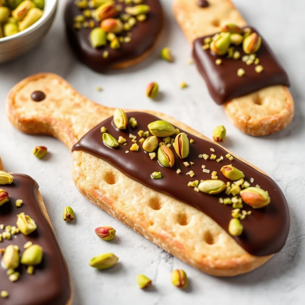 Sjokoladedekkede spritz-risteskap med pistasjnøtter