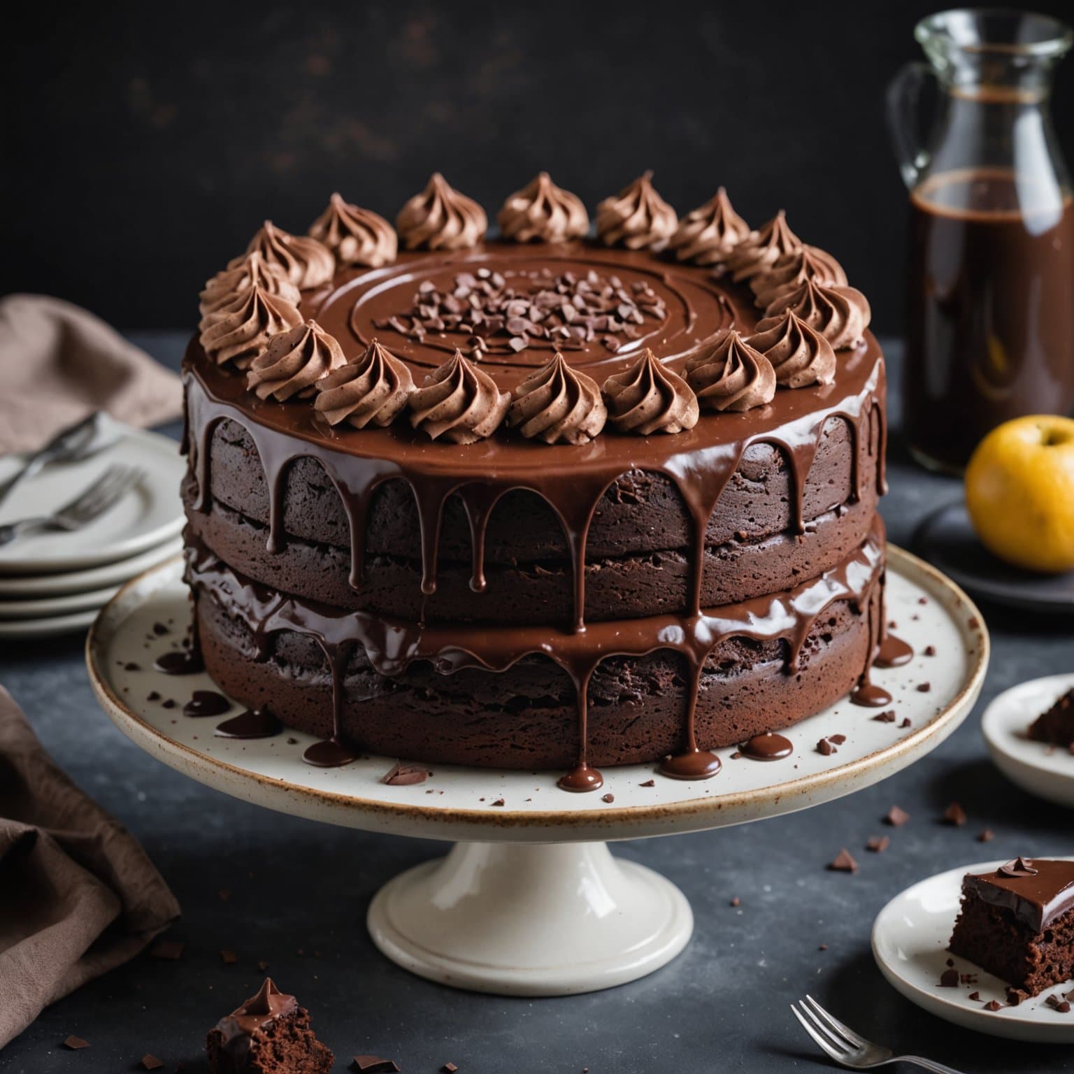 Sjokoladekake for sjokoladeelskere med sjokoladebiter og sjokoladefrosting