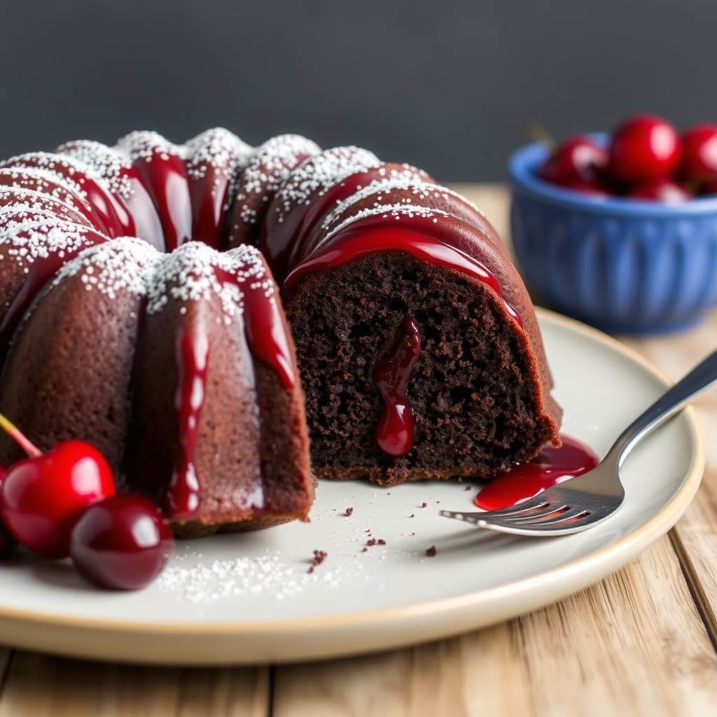 Sjokoladekake i form med kandisert kirsebærsirup