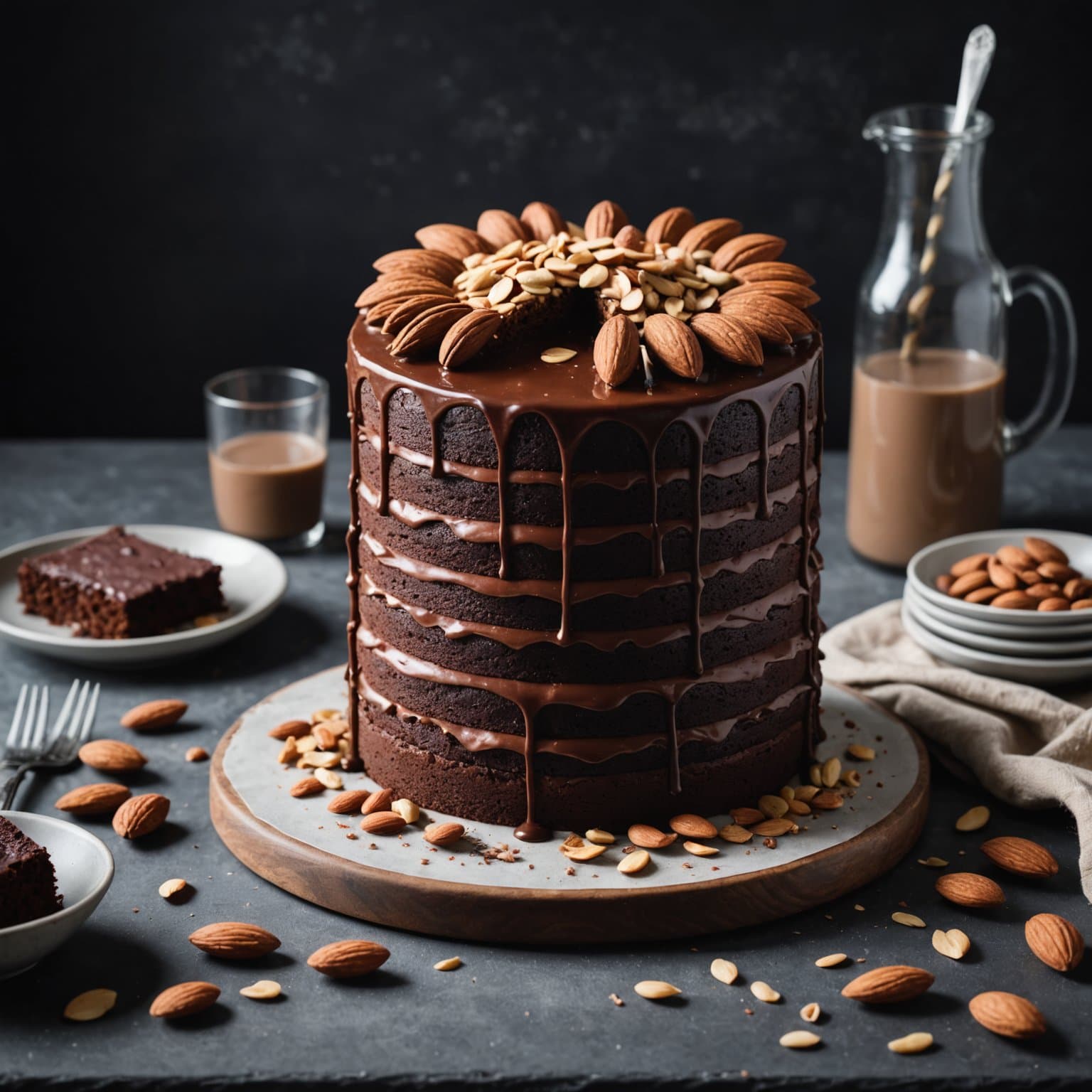 Sjokoladekake med lag av sjokolade og mocha-frosting, pyntet med mandler