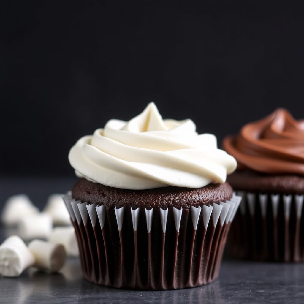 Sjokoladekaker i muffinsform med ganache og marshmallow-frosting