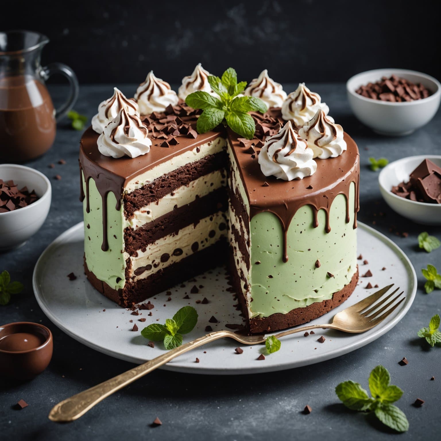 Sjokolademarengs og myntesjokoladeis-kake