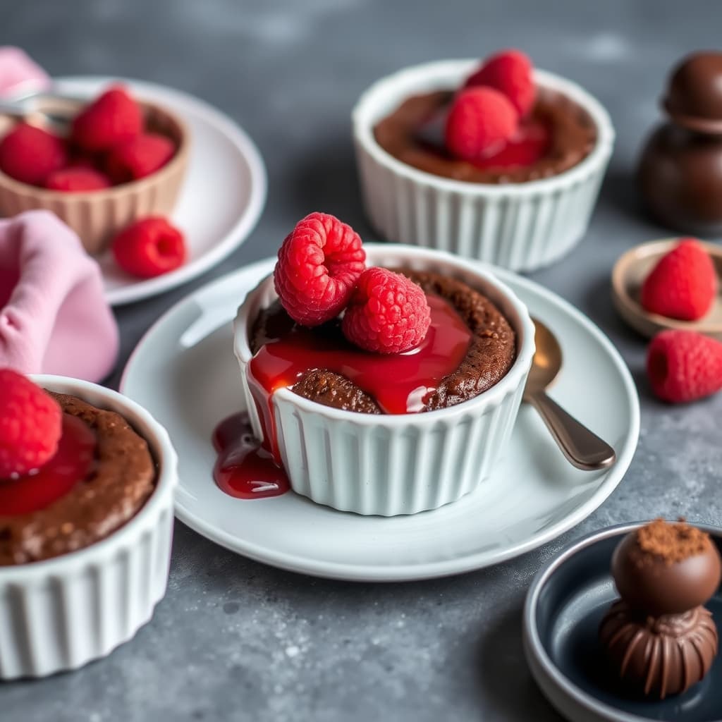 Sjokolademoltekaker med bringebærsirup og sjokoladetrøfler