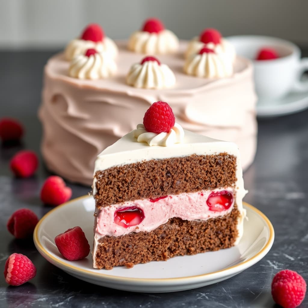 Sjokolademoskake med bringebær- og moussefyll