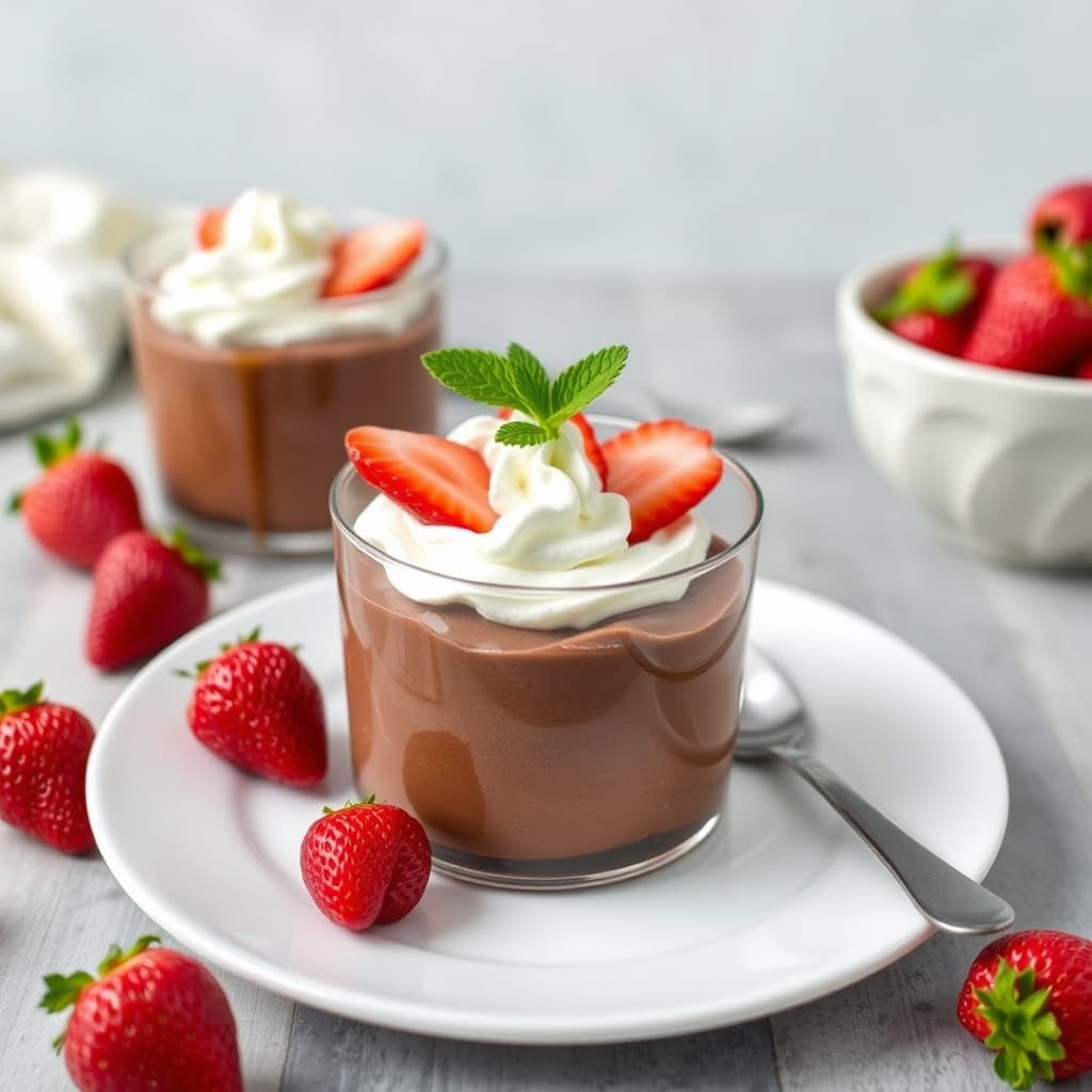 Sjokolademousse med krem og jordbær
