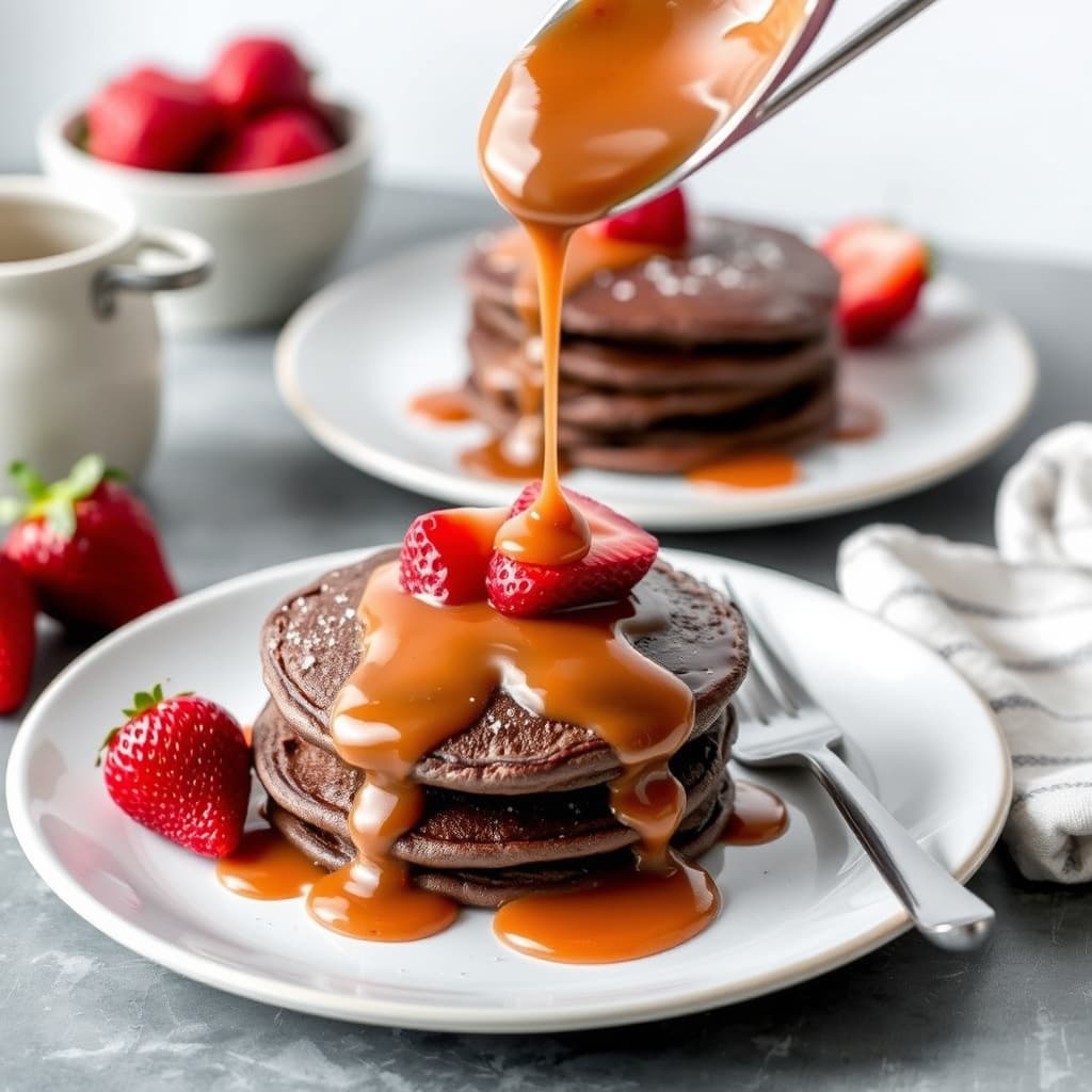 Sjokoladepannekaker med karamell- og jordbersaus