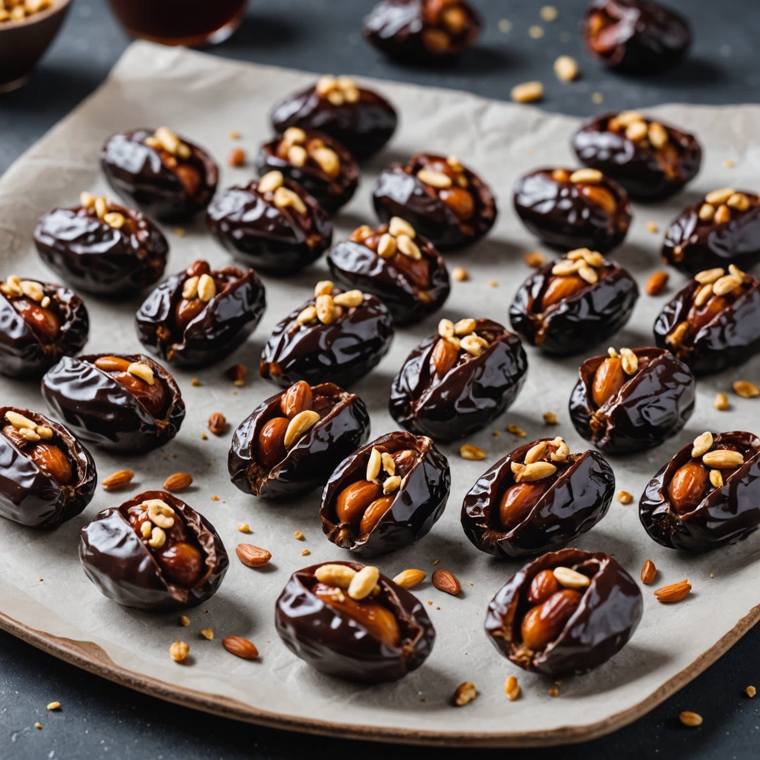 Sjokoladetrekkede dadler fylt med krydrede nøtter
