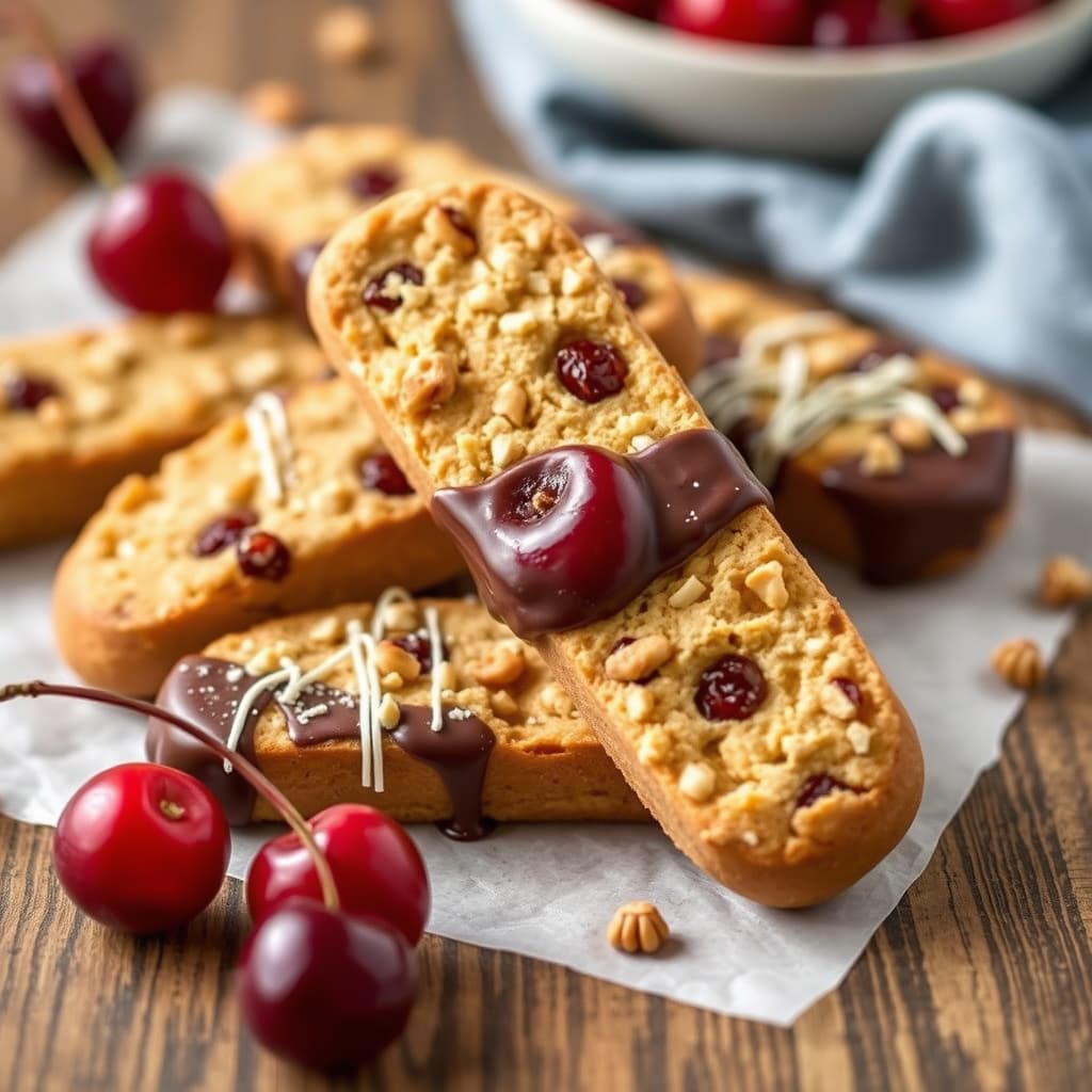 Sjokoladetrekte kirsebær- og hasselnøttbiscotti