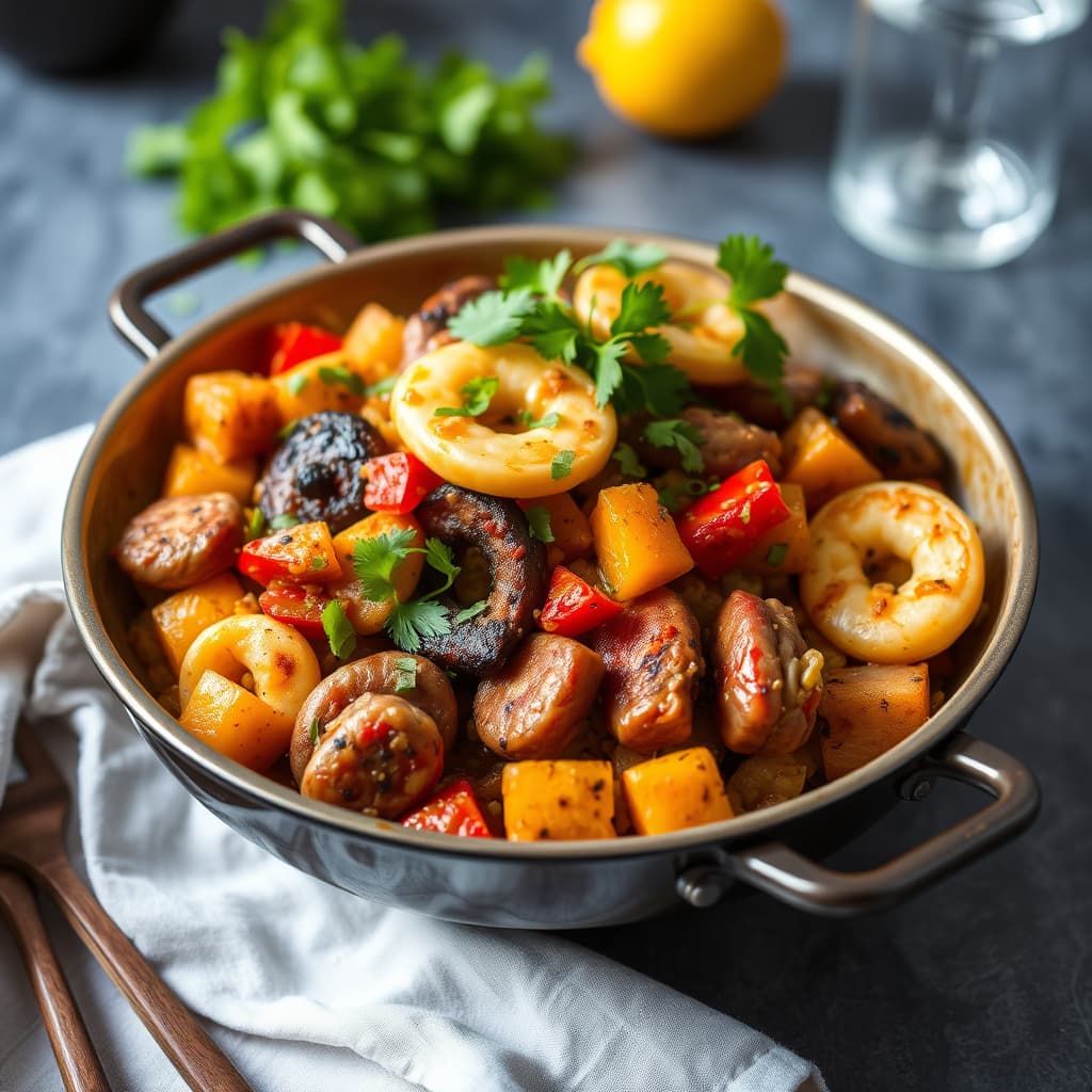 Sjømat, pølse og paprika paella