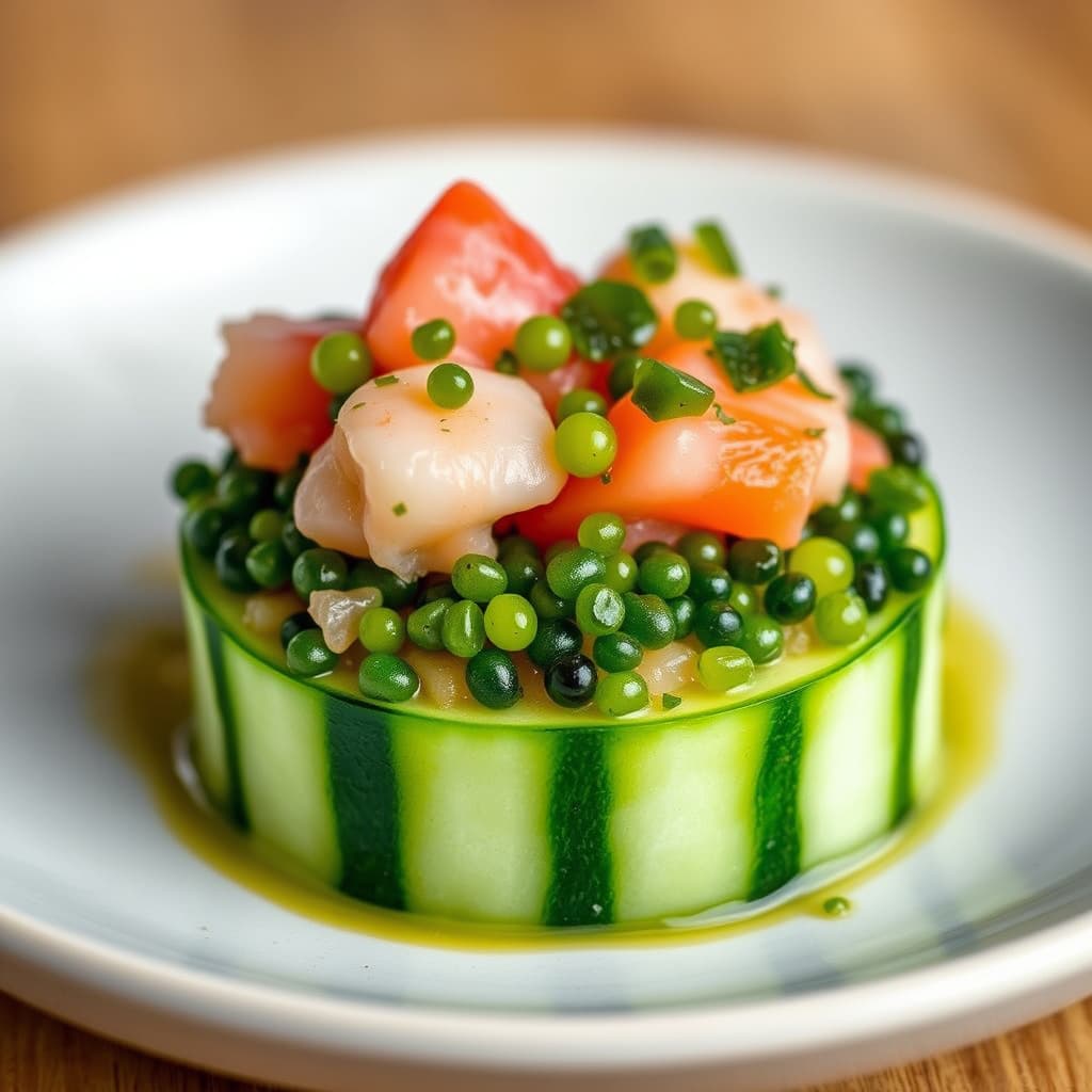 Sjømatceviche på agurkrunde toppet med grønn kaviar