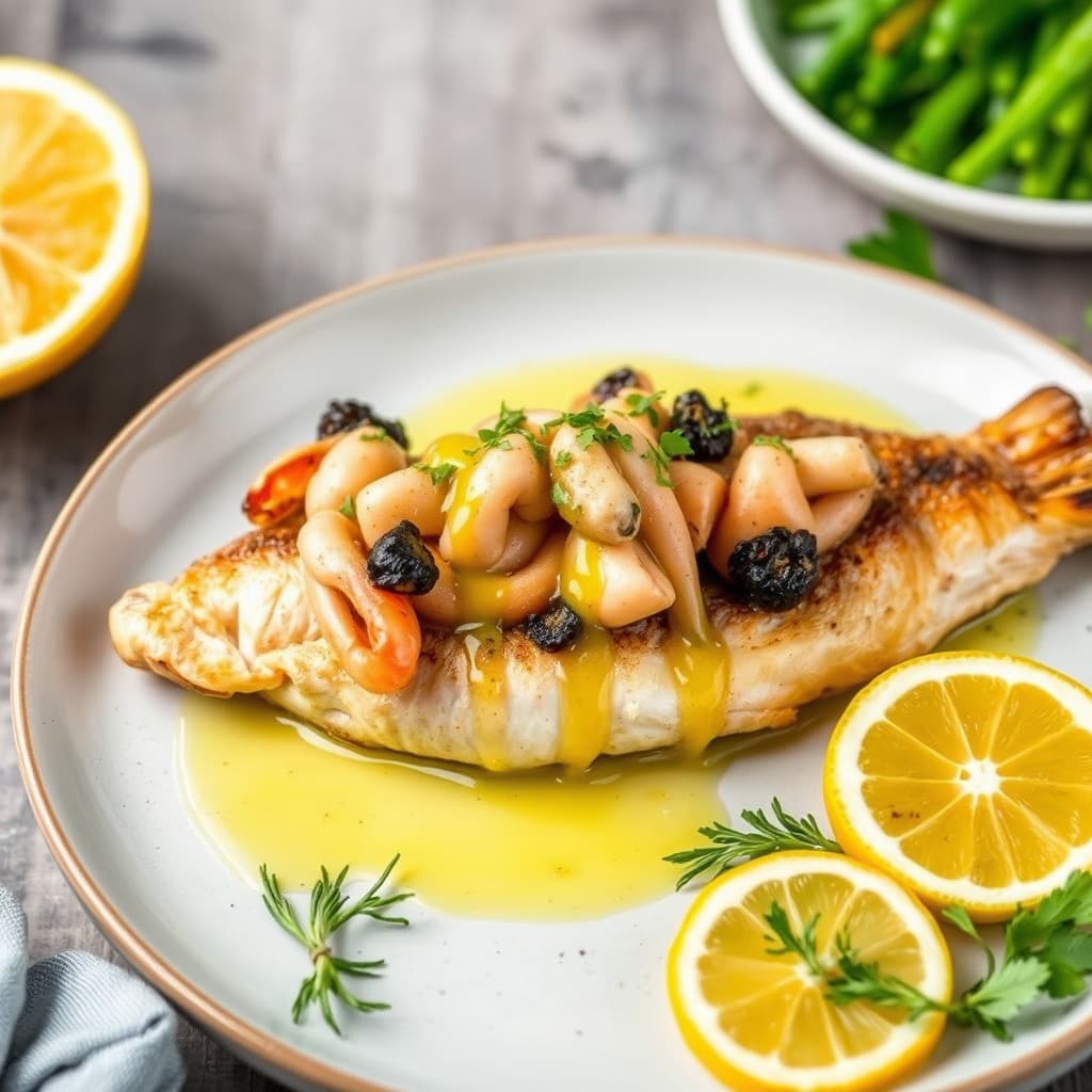 Sjømatfylt ørret toppet med sitron- og appelsinbåter, drysset med sitrussmør
