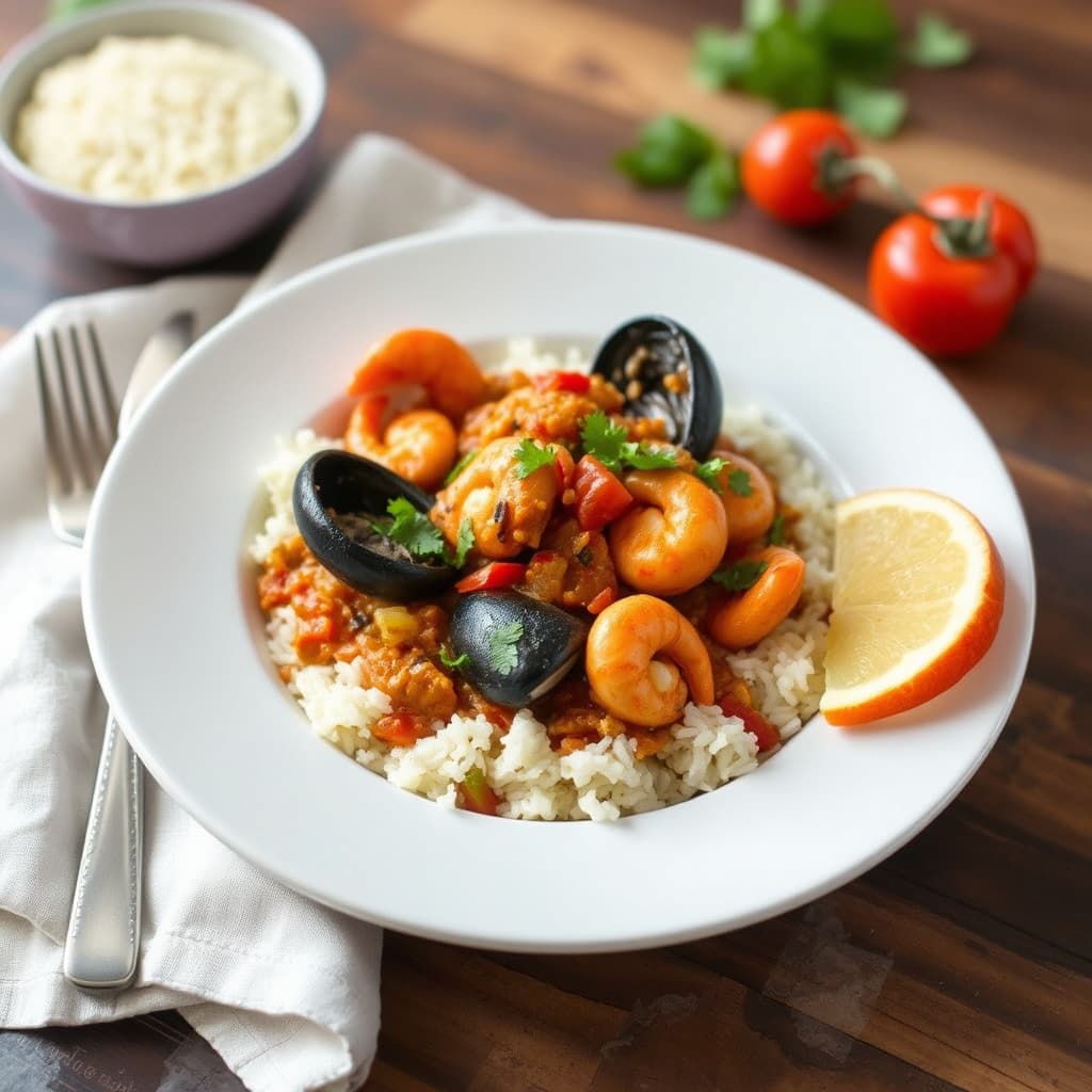 Sjømatgryte med ris og salsa criolla (Arroz con Mariscos)