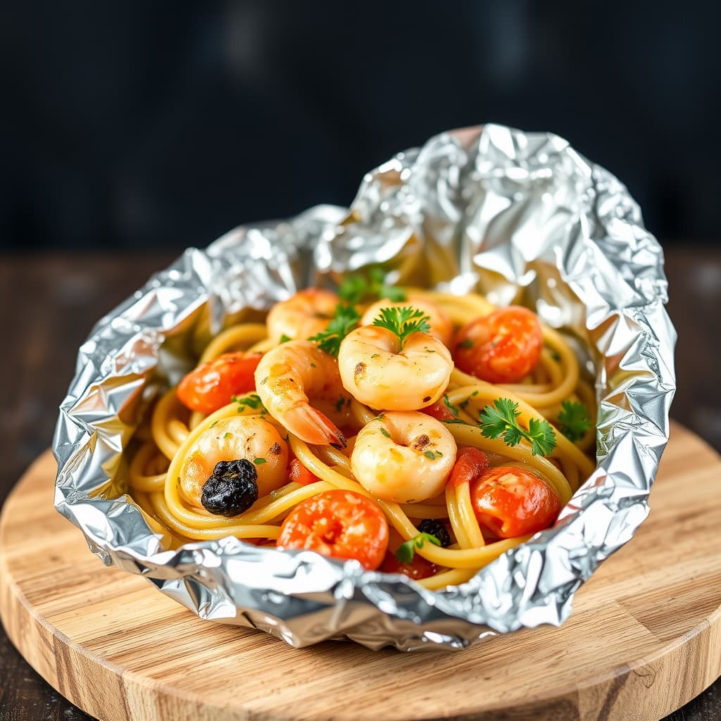 Sjømatpasta i aluminiumsfoliepakke