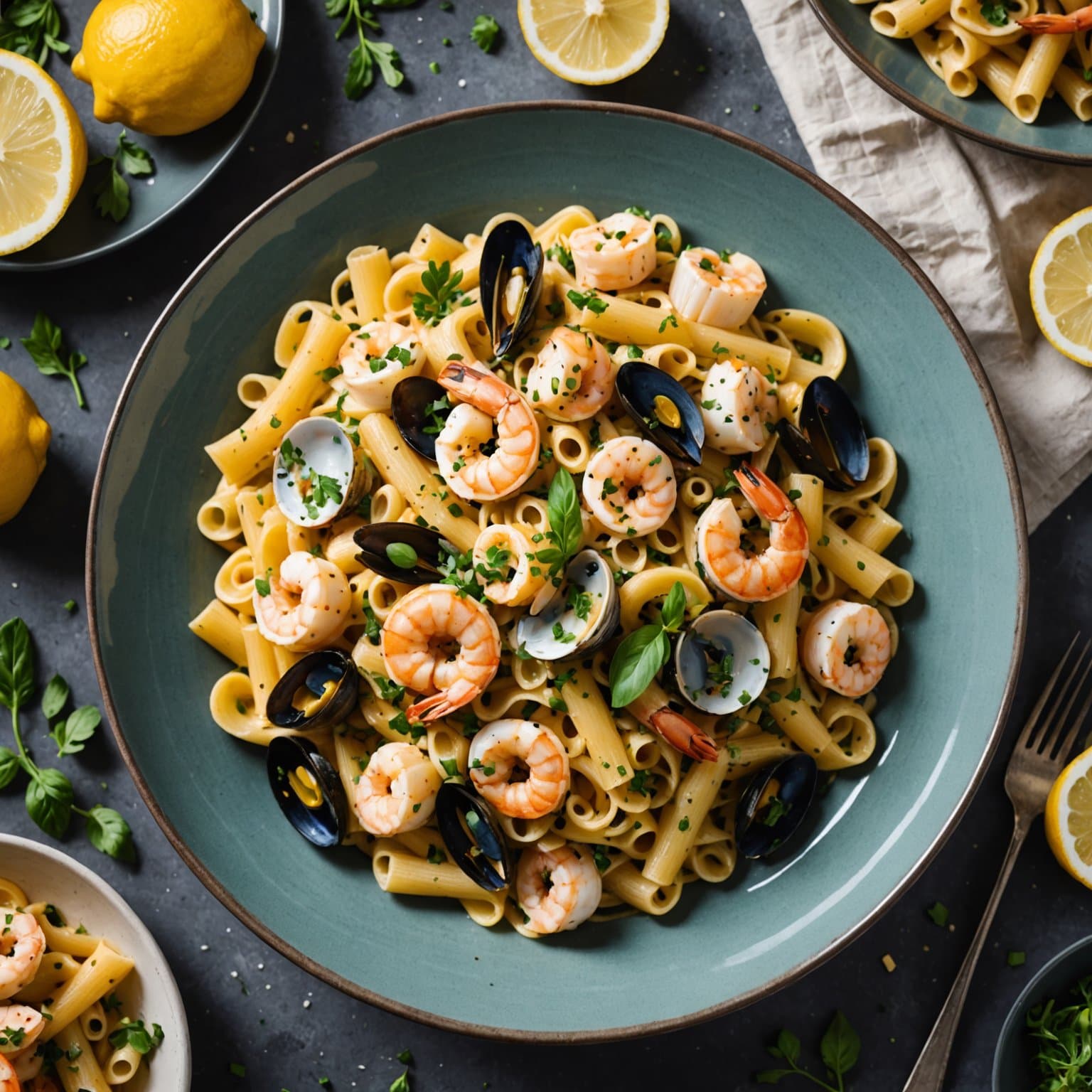 Sjømatpasta med sitron- og safranurtedressing