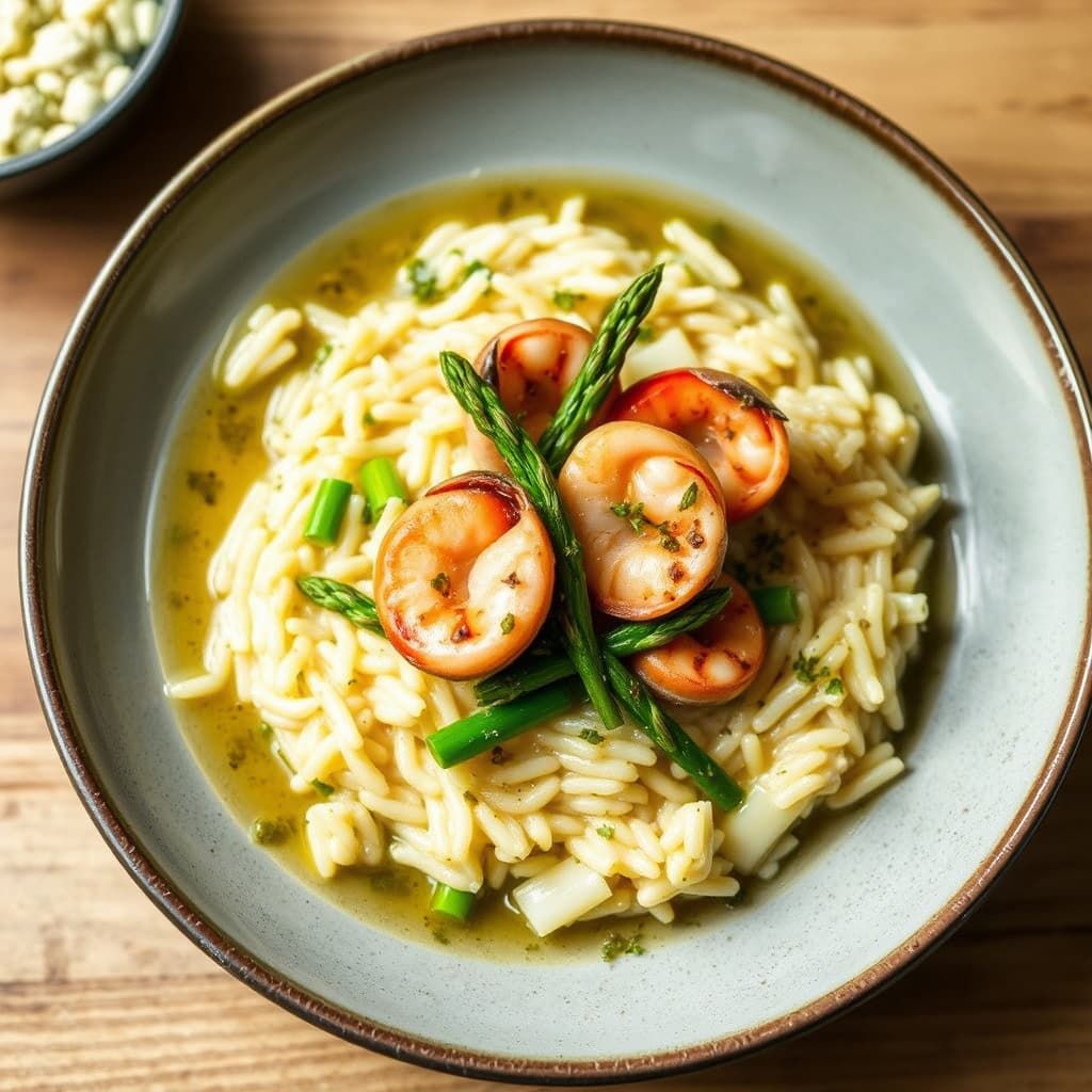 Sjømatrisotto med purreløksbuljong og aspargesspyd