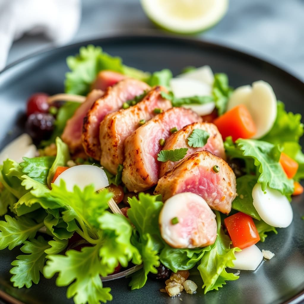 Sjømatsalat med stekt ahi-tuna